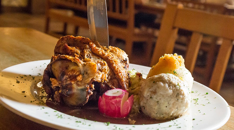 Delicious pork shank served to hundreds of guests during the annual oktoberfest celebration at hofbrauhaus las vegas